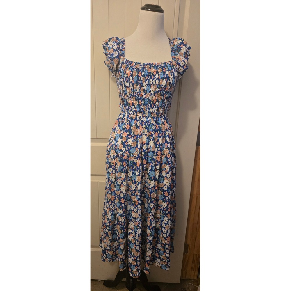 Dorose Smocked Floral Tiered Maxi Dress Blue Boho Cottagecore S